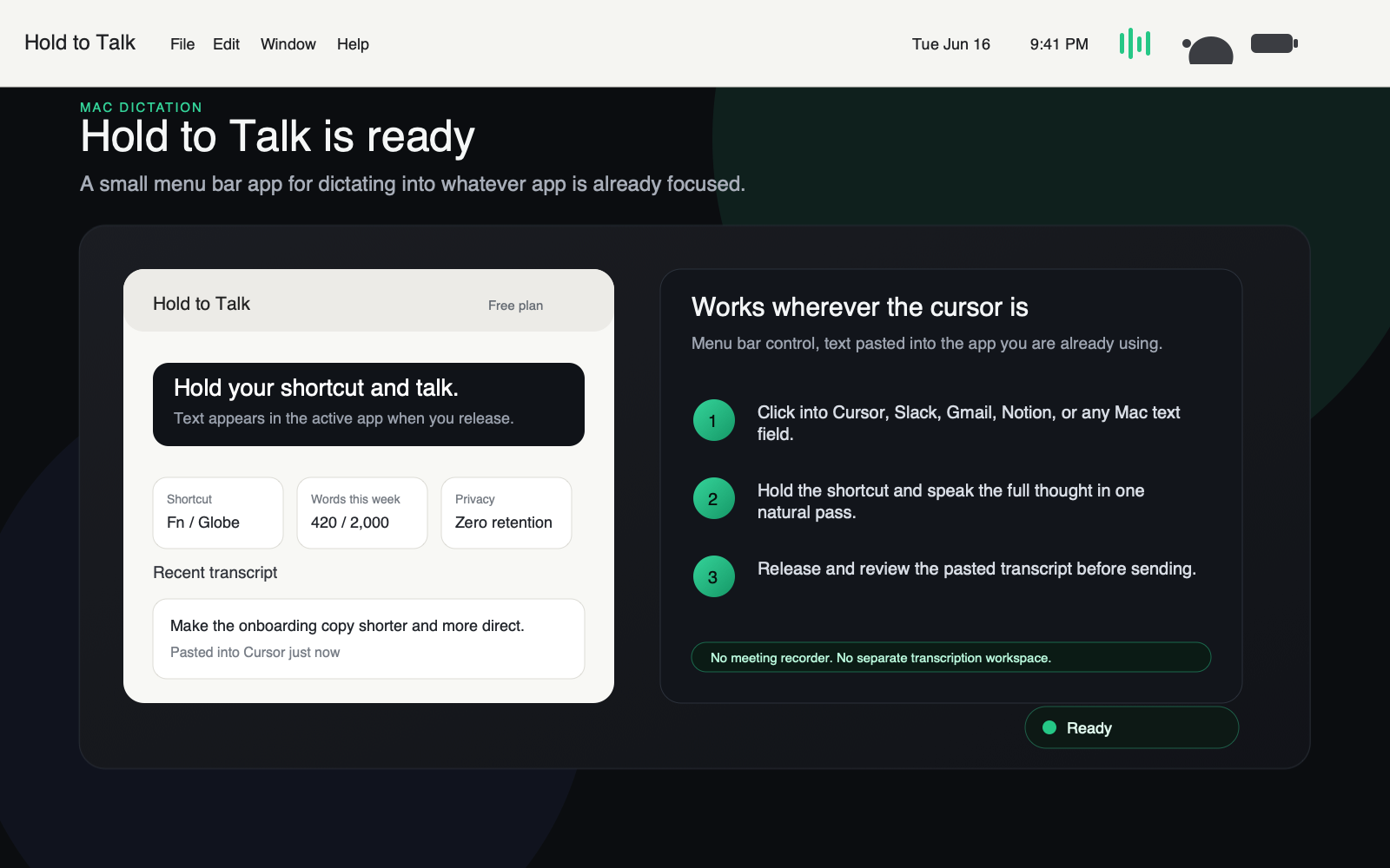 Hold to Talk menu bar popover in the ready state
